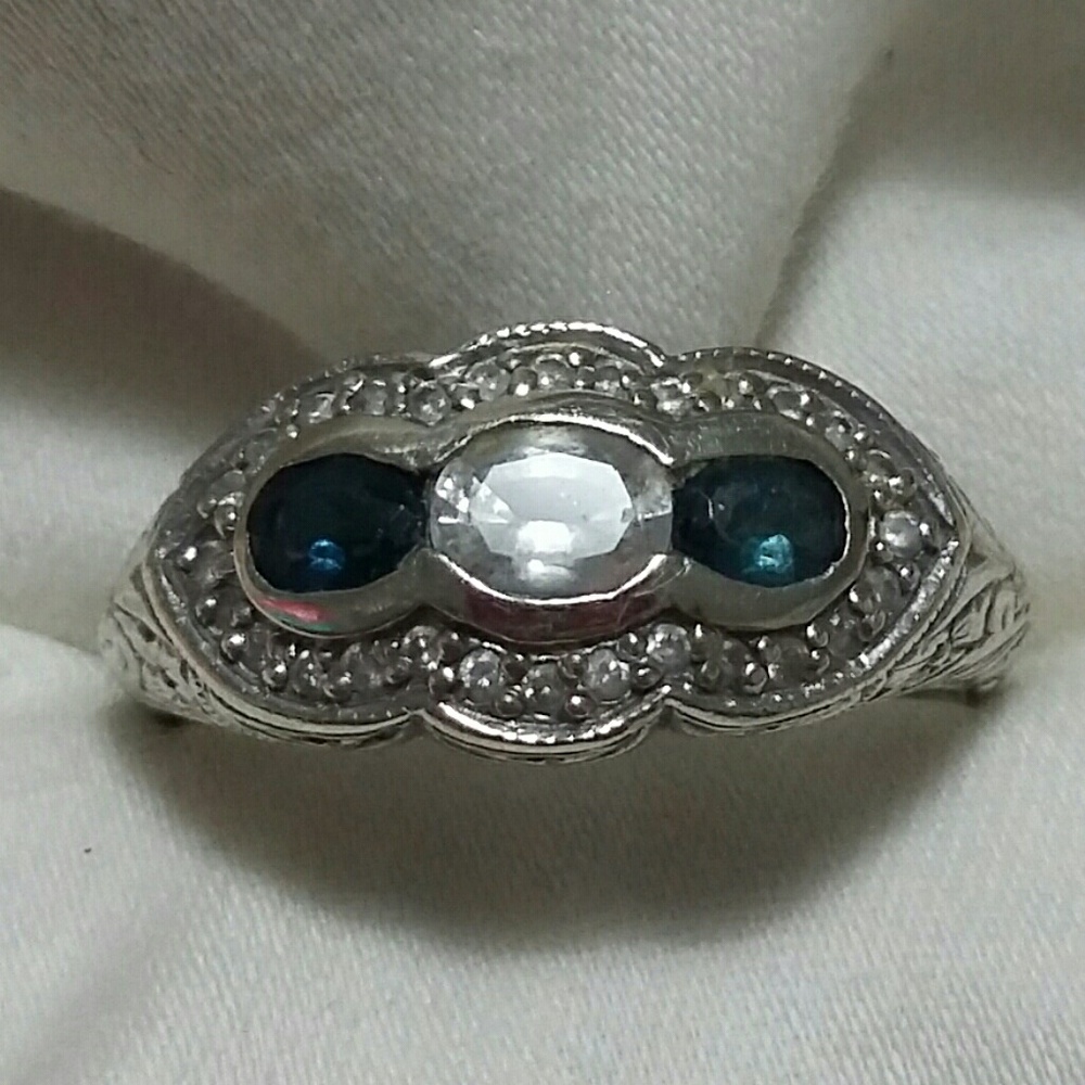 Blue & White Sapphire Diamond Ring 7.75 14k WG